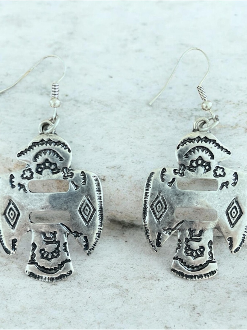 Silver Southwestern Thunderbird Drop Earrings - Rustic Dangle